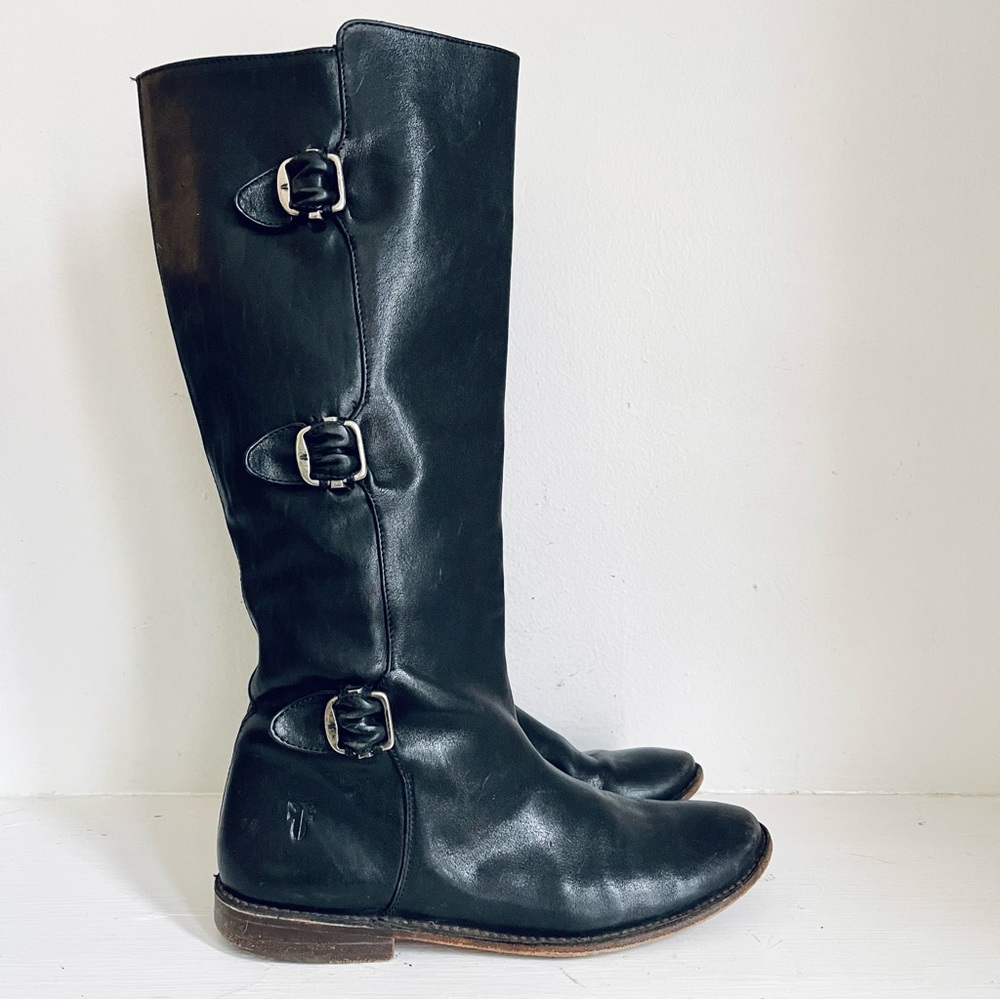 Frye Paige Buckle Tall Equestrian Style Riding Boot In Black Leather Size 7 1/2